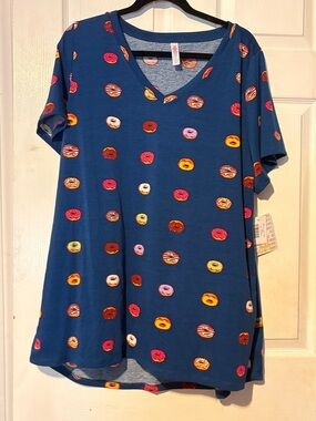 LuLaRoe Christy T Blue Donut Print V-Neck Tunic